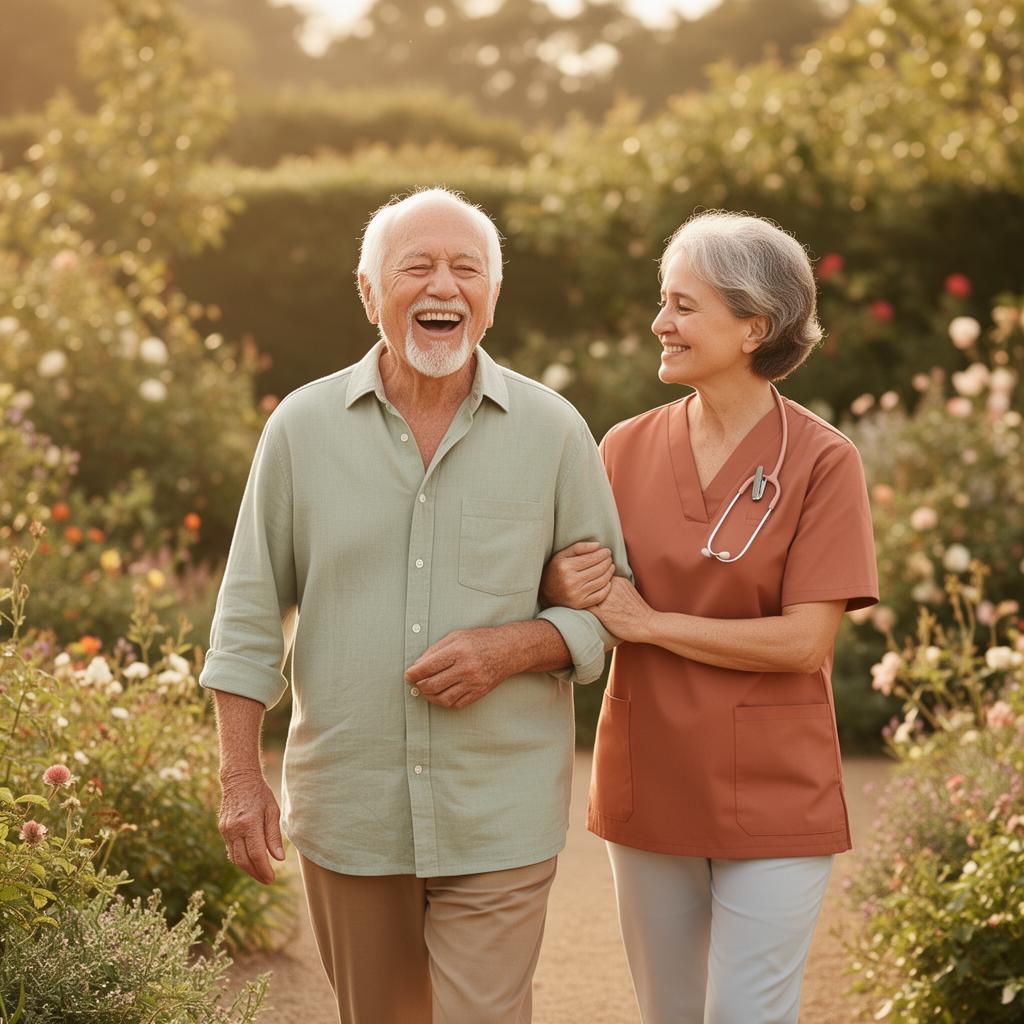 Elderly man laughing with caregiver in a sunny garden