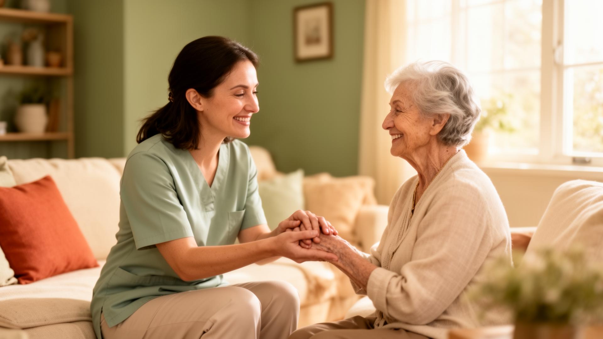 Caregiver gently holding hands with a smiling elderly woman